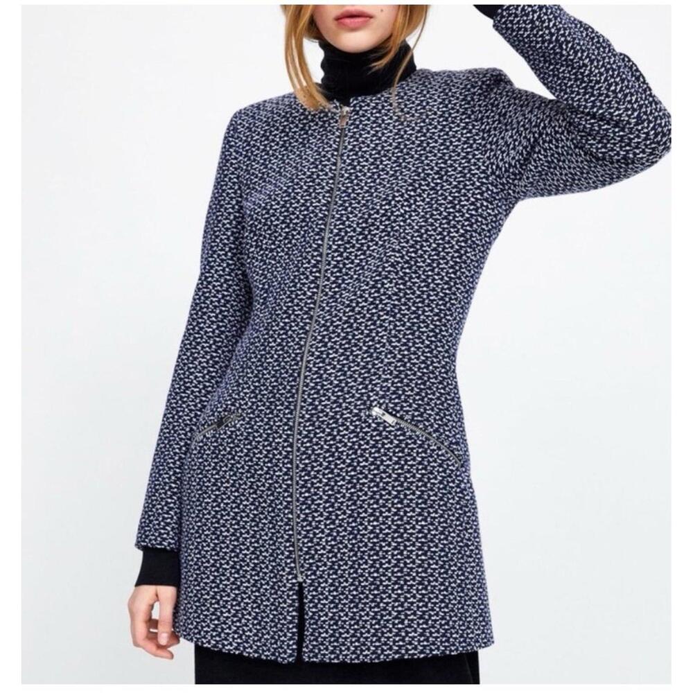 Zara Tweed Frock Coat Blazer Textured Blue Long Zip Sz Small S